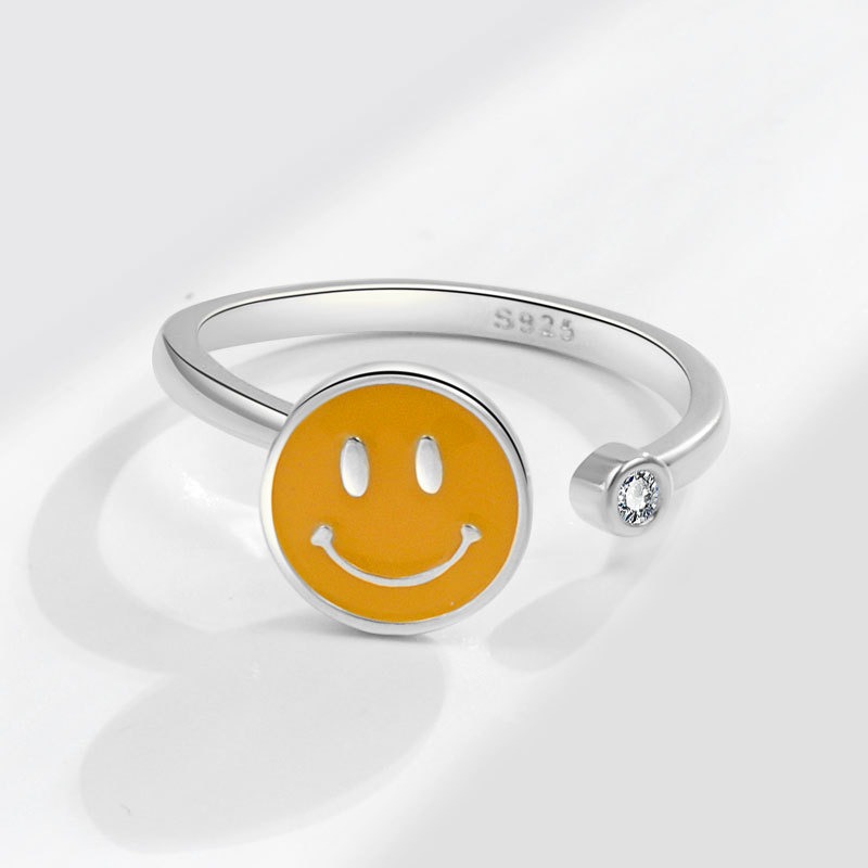 S925 sterling silver ring opening adjustable rotating smiley face women's ring - Image 3