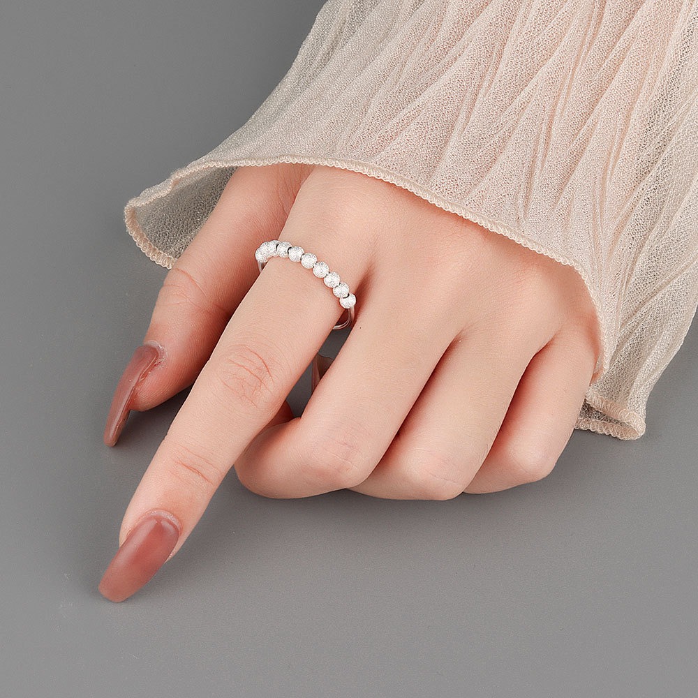 S925 Sterling Silver Ring Opening Adjustable Rotating Matte Beaded Ladies Ring - Image 4
