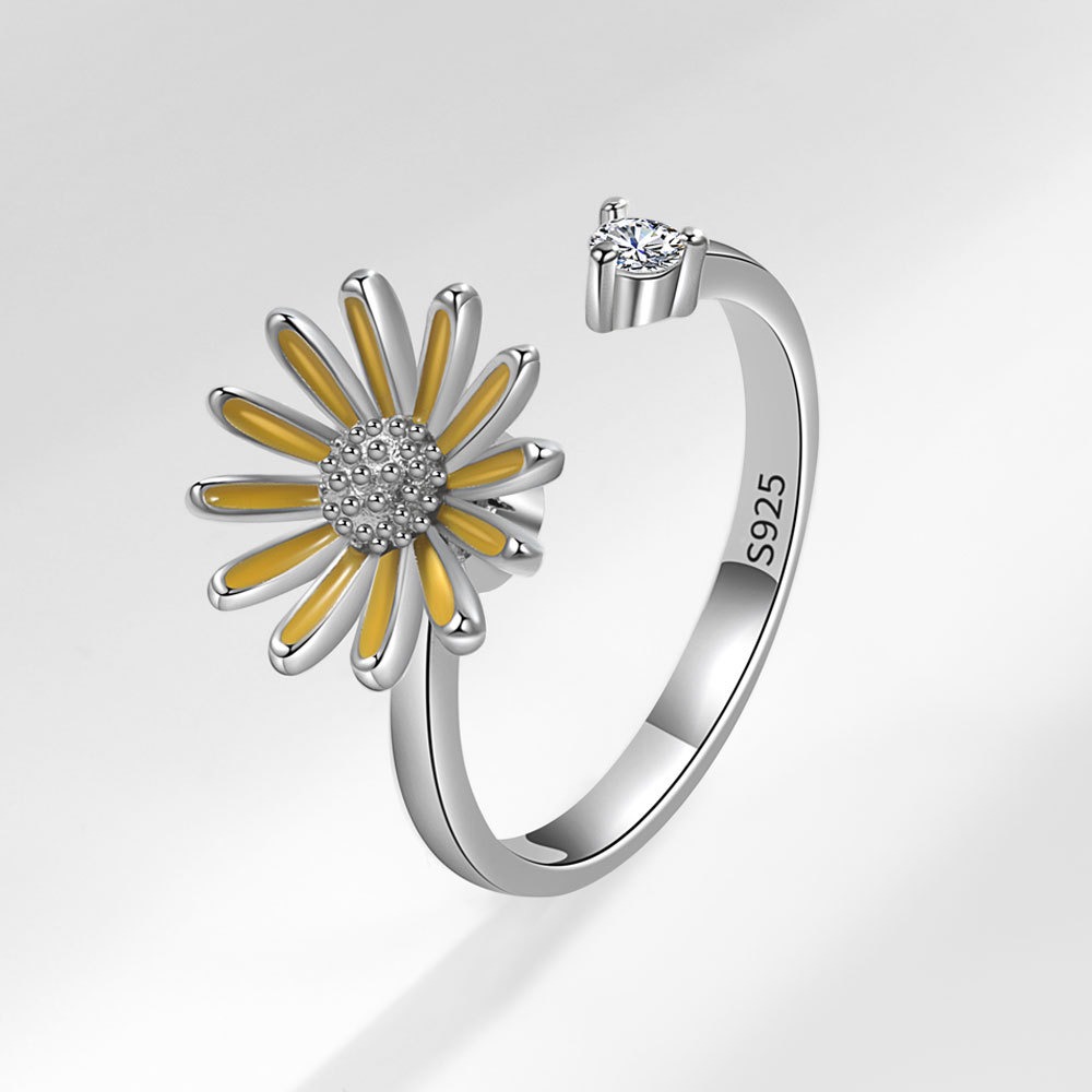 S925 sterling silver ring opening adjustable rotating sunflower ring for women - Image 2