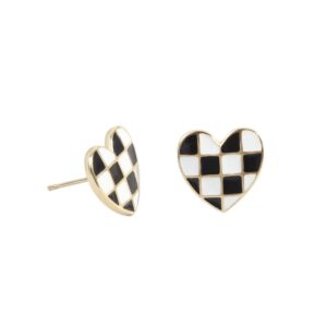 S925 sterling silver stud earrings heart-shaped black and white checkerboard dripping oil craft earrings