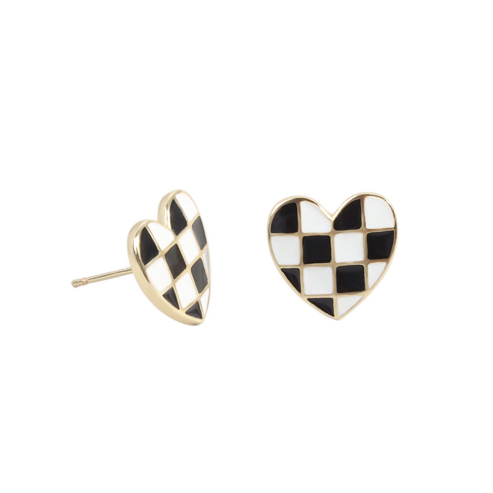 S925 sterling silver stud earrings heart-shaped black and white checkerboard dripping oil craft earrings