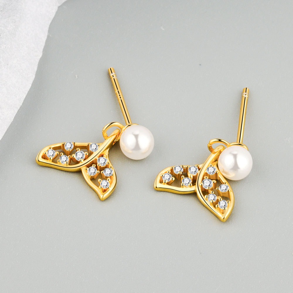 S925 sterling silver stud earrings mermaid tail pearl earrings - Image 2