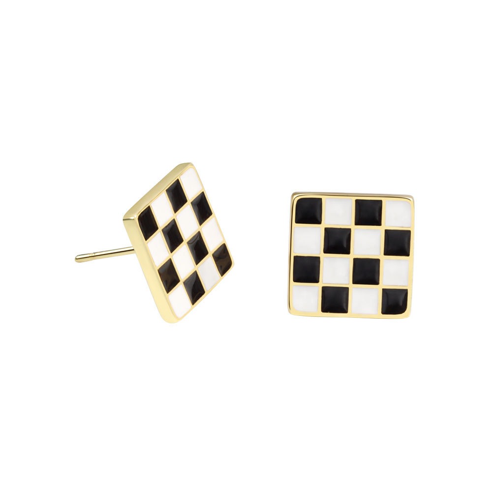 S925 sterling silver stud earrings square black and white checkerboard earrings - Image 3
