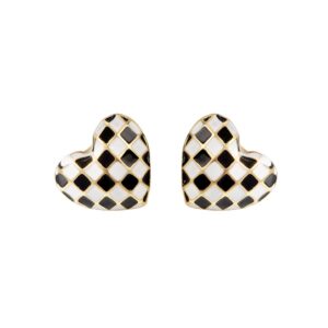 S925 sterling silver stud earrings heart-shaped black and white checkerboard dripping oil earrings