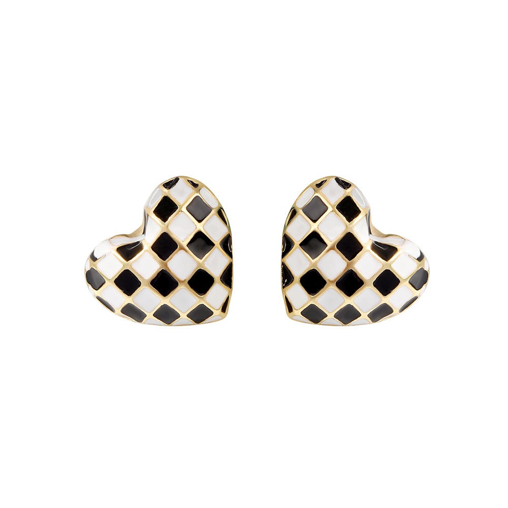 S925 sterling silver stud earrings heart-shaped black and white checkerboard dripping oil earrings