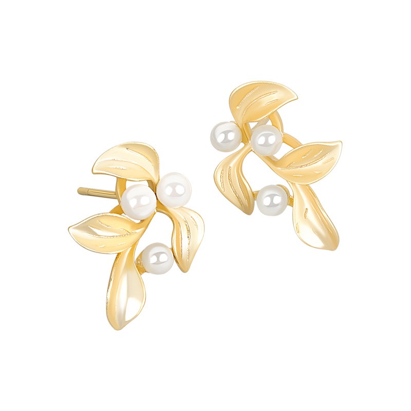 S925 sterling silver stud earrings leaf pearl earrings