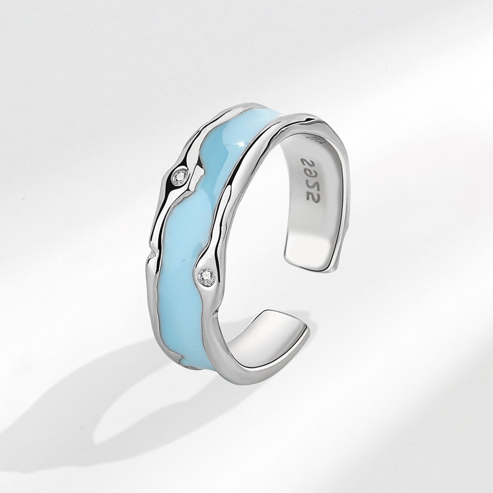 S925 sterling silver ring opening adjustable blue dripping oil zircon couple ring - Image 2