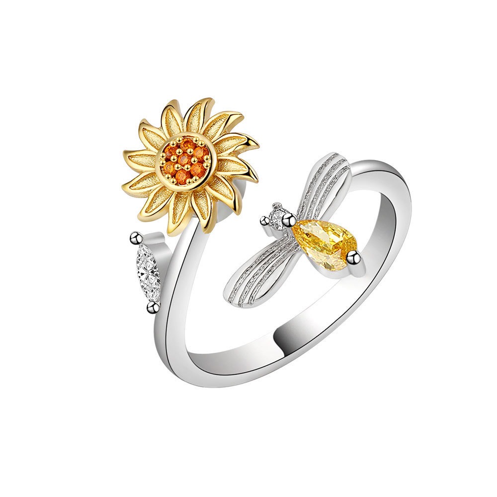 S925 sterling silver ring rotatable sunflower opening adjustable women's ring
