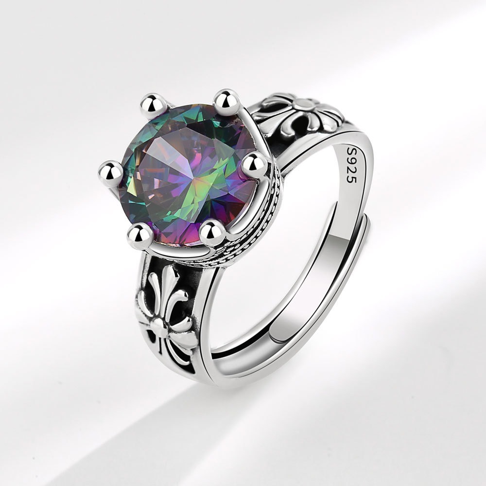 S925 Sterling Silver Ring Opening Adjustable Colored Diamond Ring for Women - Image 2