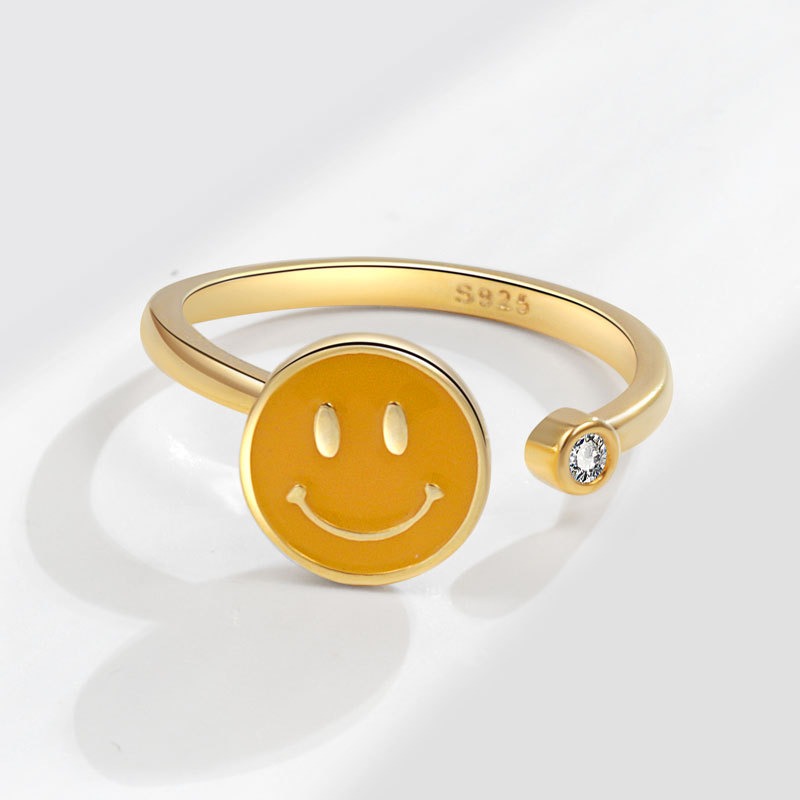 S925 sterling silver ring opening adjustable rotating smiley face women's ring - Image 2