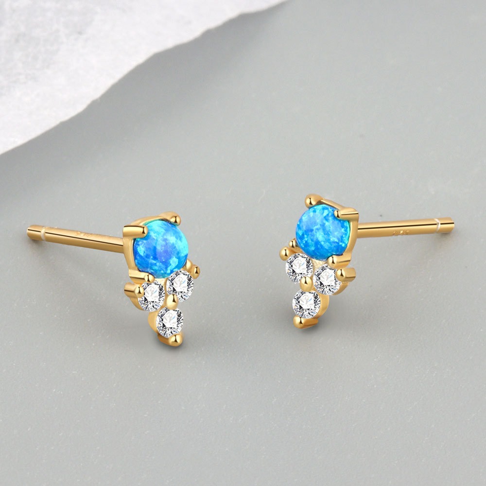 S925 sterling silver stud earrings with geometric inlay blue opal earrings - Image 2