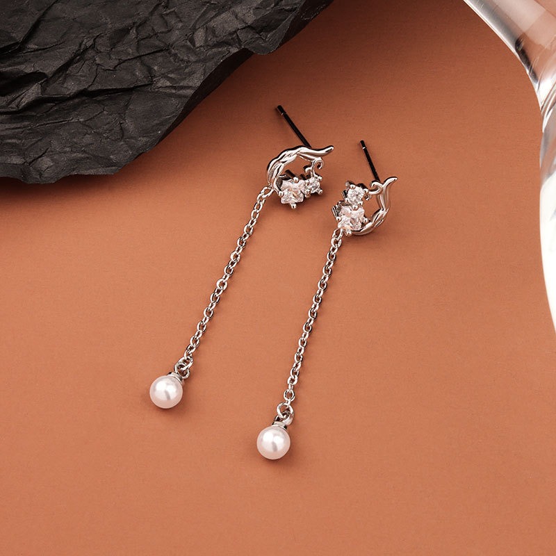 S925 sterling silver stud earrings with tassel pearl earrings - Image 3