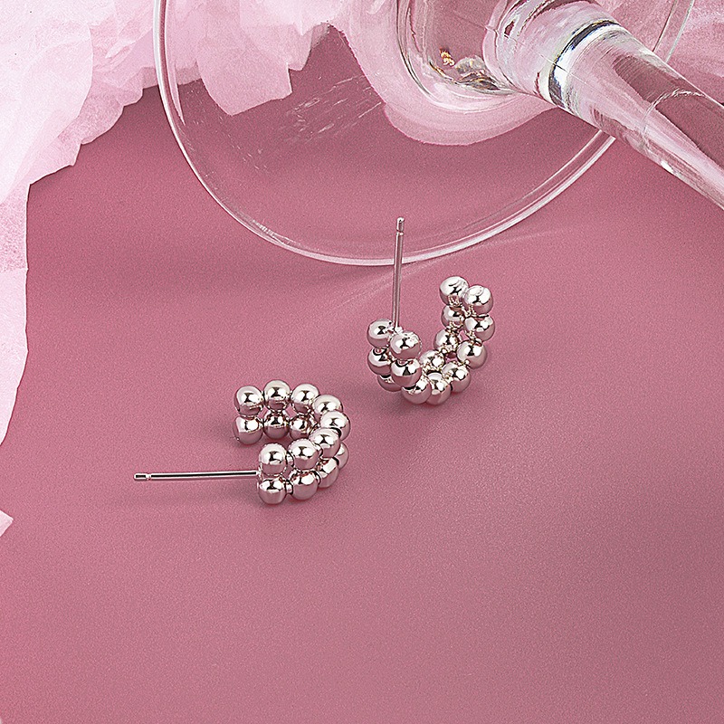 S925 sterling silver stud earrings with two rows of beaded earrings - Image 3