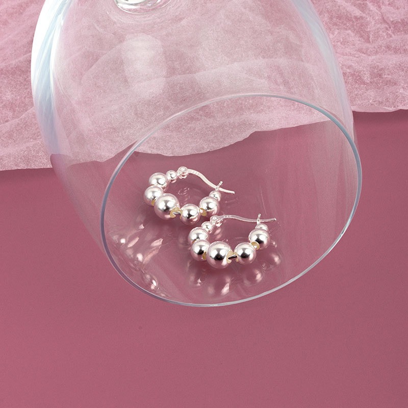 S925 sterling silver stud earrings geometric beaded earrings - Image 3