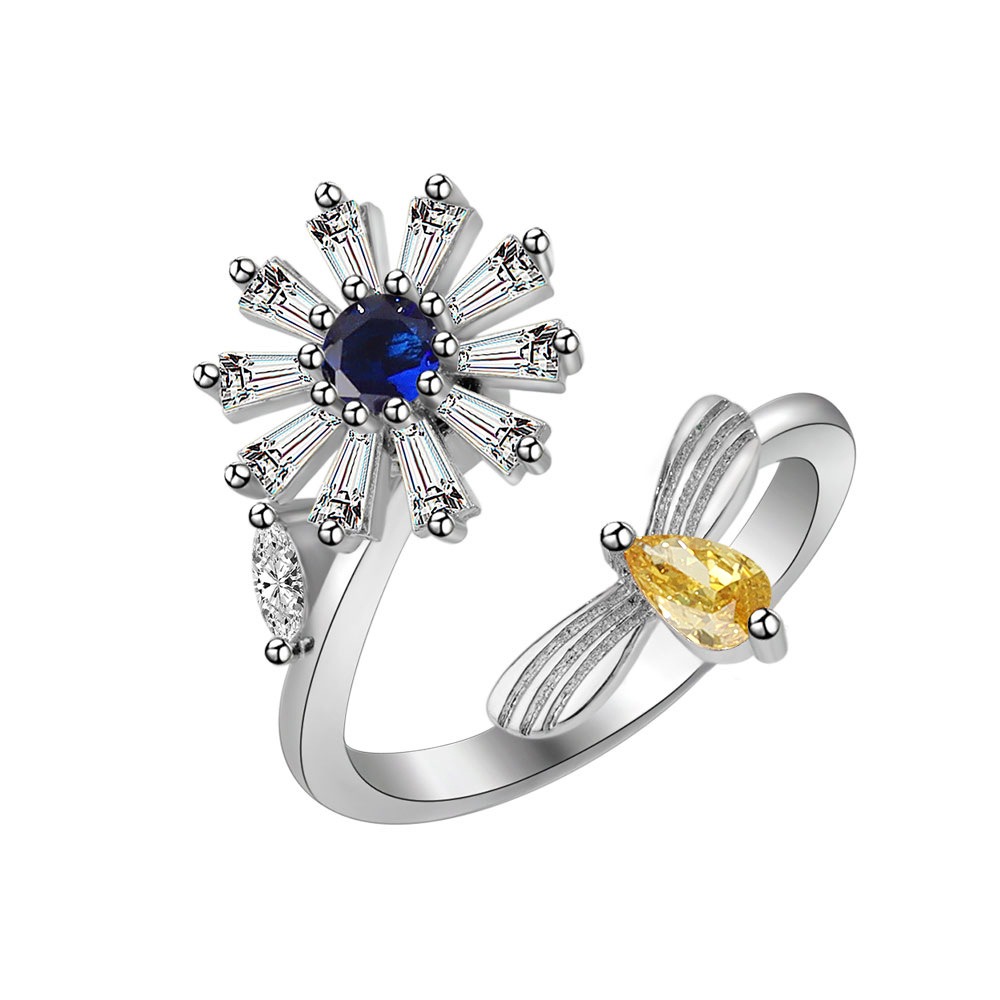 S925 Sterling Silver Ring Rotatable Bee Flower Opening Adjustable Ring for Women - Image 4