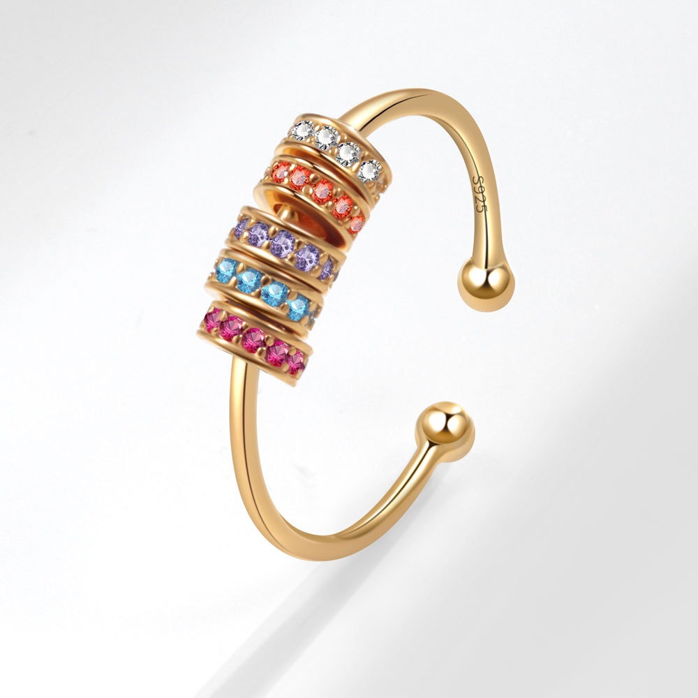 S925 Sterling Silver Ring Opening Adjustable Rotating Colored Zircon Beads Women's Ring - Image 2