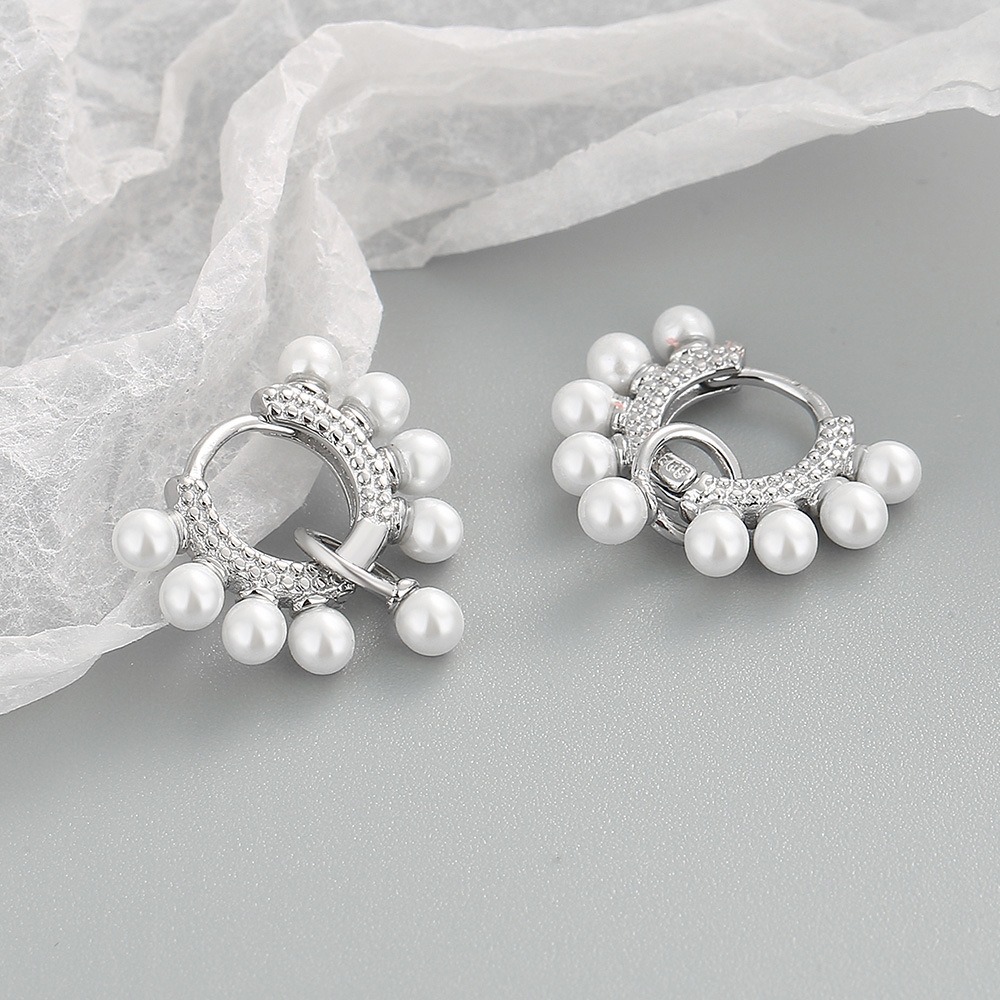 S925 sterling silver stud earrings pearl hoop earrings - Image 3
