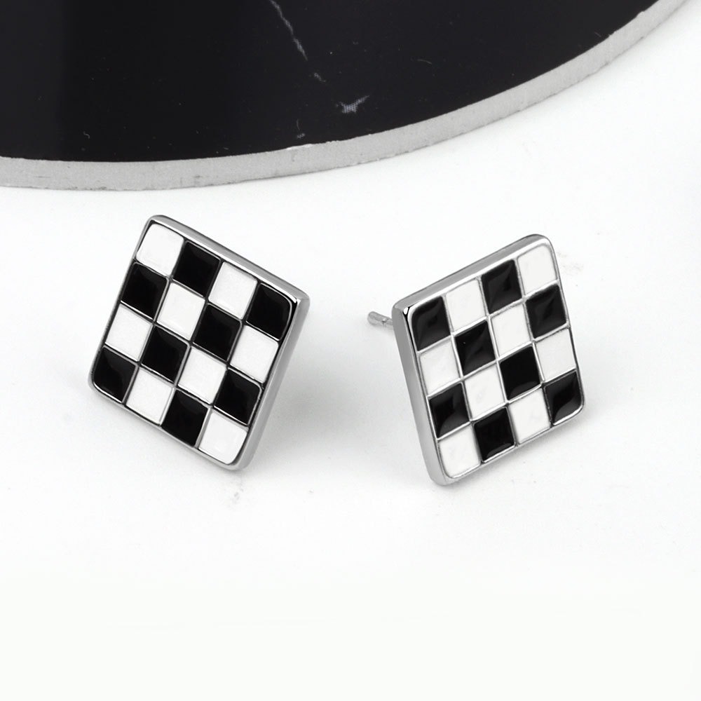 S925 sterling silver stud earrings square black and white checkerboard earrings - Image 2