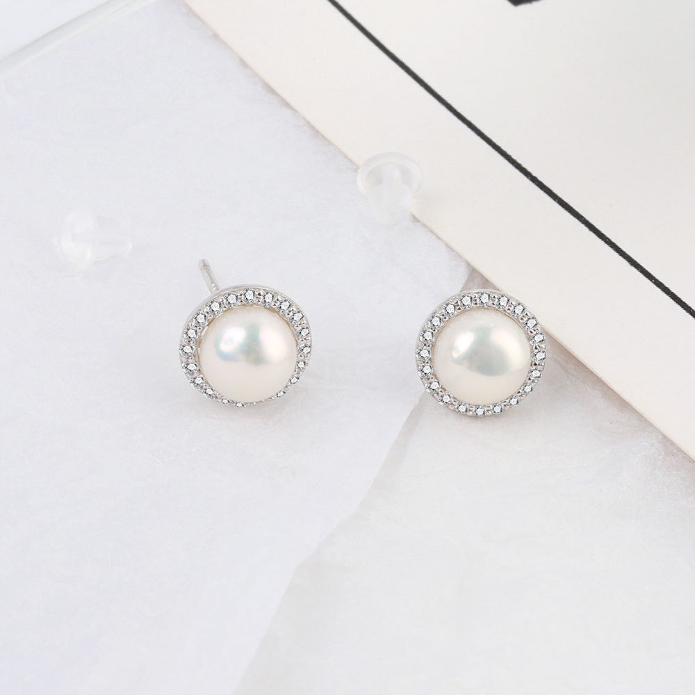 S925 sterling silver stud earrings round pearl earrings - Image 3