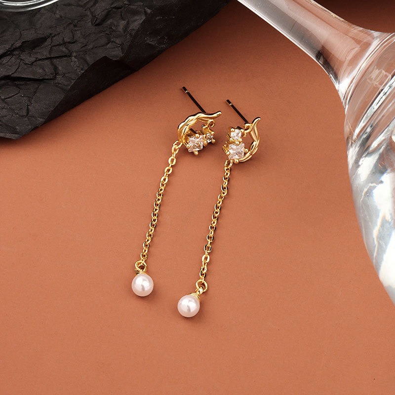 S925 sterling silver stud earrings with tassel pearl earrings - Image 2