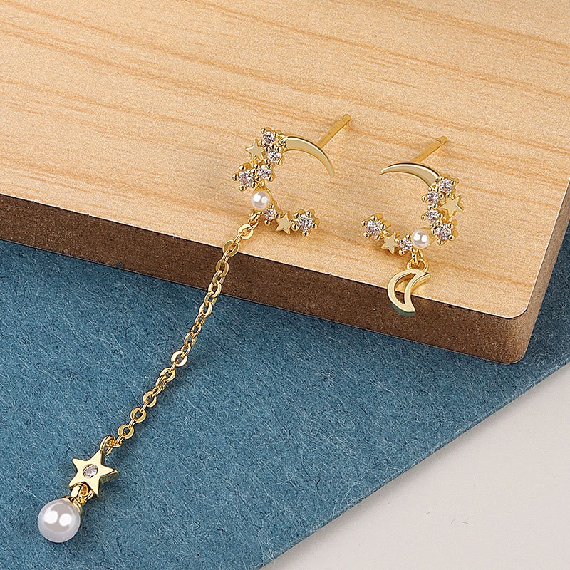 S925 sterling silver stud earrings tassel star moon earrings - Image 2