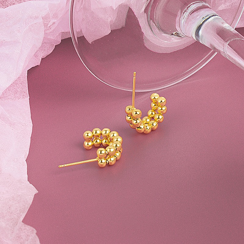 S925 sterling silver stud earrings with two rows of beaded earrings - Image 2