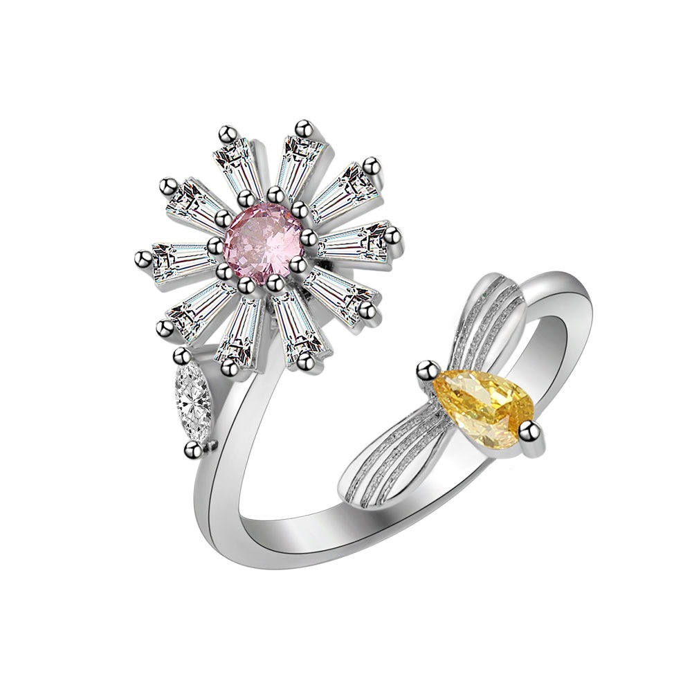 S925 Sterling Silver Ring Rotatable Bee Flower Opening Adjustable Ring for Women - Image 3