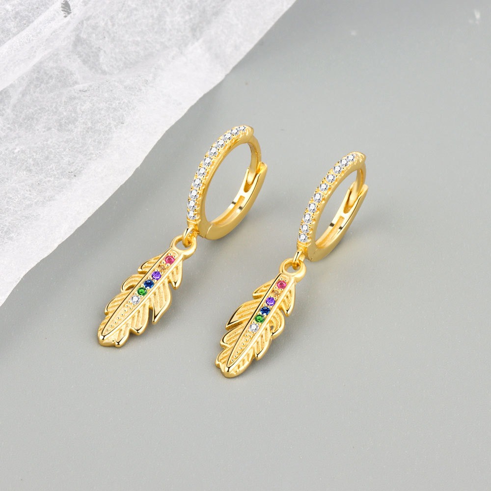 S925 sterling silver stud earrings with colorful feather rings - Image 2