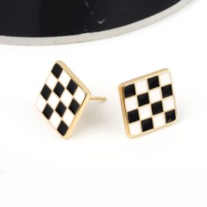 S925 sterling silver stud earrings square black and white checkerboard earrings