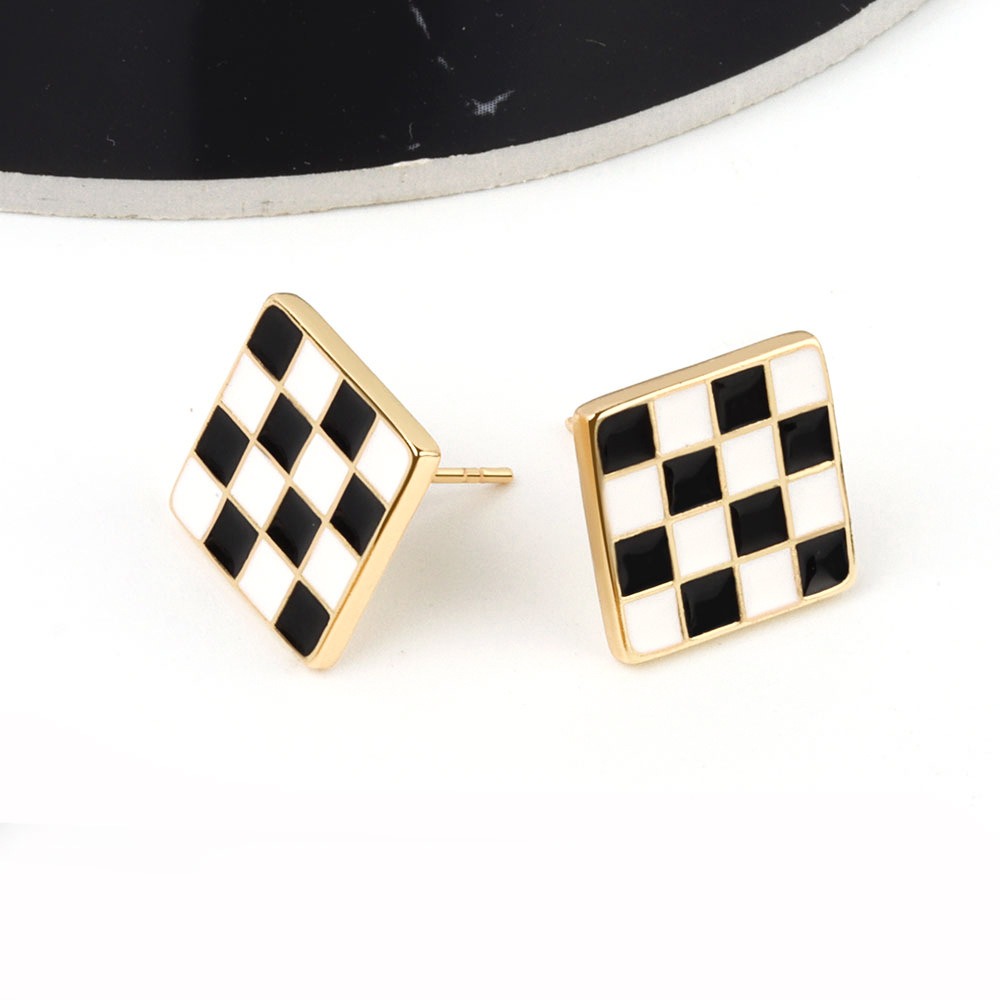 S925 sterling silver stud earrings square black and white checkerboard earrings
