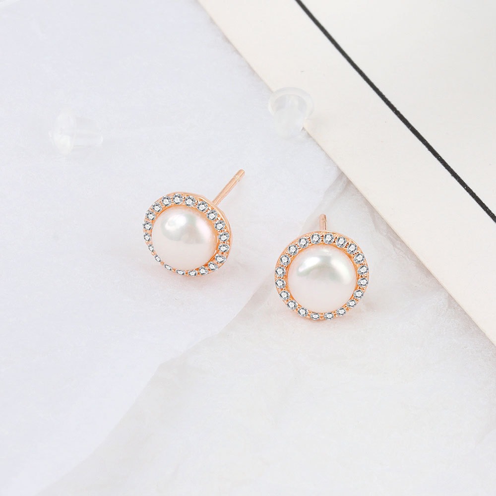 S925 sterling silver stud earrings round pearl earrings - Image 2
