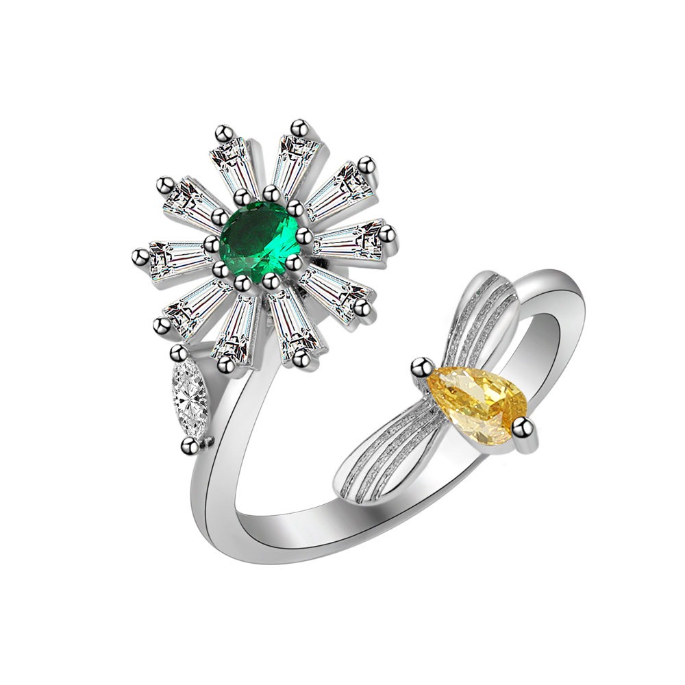 S925 Sterling Silver Ring Rotatable Bee Flower Opening Adjustable Ring for Women - Image 2