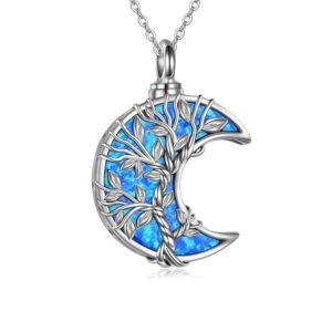 Cremation jewelry, stainless steel oval moon urn necklace, silver ash tree, abalone shell, opal, memory jewelry, men and women