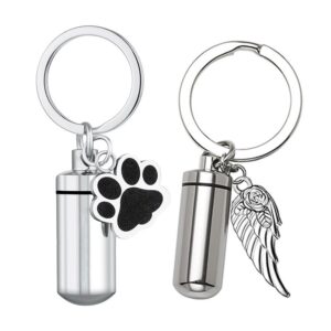 Personalized Cylinder with Wing Paw Cremation Urn Keychain Pendant Memorial Ashes Keyring Keepsake Jewelry Gift for Women Men