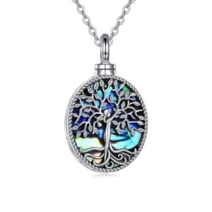 Cremation jewelry, stainless steel oval urn necklace, silver ash tree, abalone shell, opal, memory jewelry, men and women