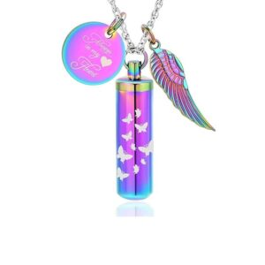Cylindrical bone ash necklace for women and men, butterfly cremation jewelry, gray heart, a commemorative angel wing pendant