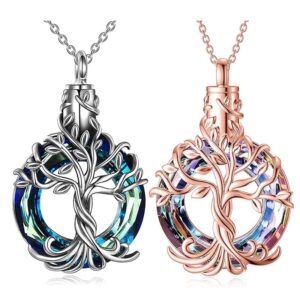 Cremation Jewelry Silver Tree of Life Urn Necklace for Ashes with Circle Crystal Memorial Keepsake Jewelry Gifts for Women