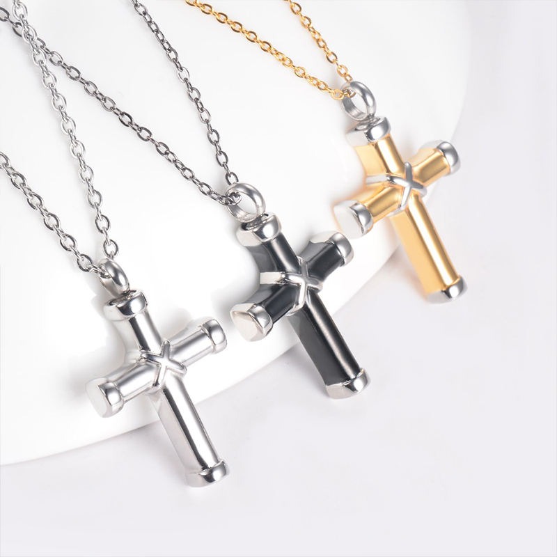 Stainless Steel Classic Cross Cremation Ashes Urn Necklace Keepsake Jewelry Ashes Memorial Pendant 22"Chain