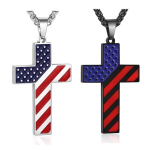 Personalized American Flag Patriotic Cross Necklace Christian Religious Bible Verse Pendant Jewelry for Men Women Memorial Gift