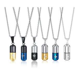 Stainless Steel Cylindrical Capsule Pill Pendant Necklace, Cremation Jewelry for Ashes,Multi Color Option Gift for Mens Womens
