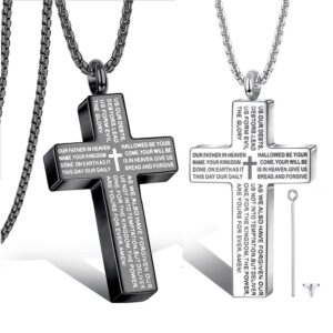 Cross Lords Prayer Pendant Necklace Stainless Steel In Black silver color Male Choker Cremation Urn jewelry for Memorial