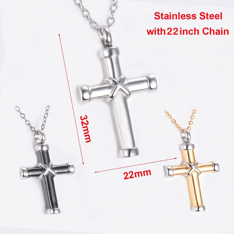 Stainless Steel Classic Cross Cremation Ashes Urn Necklace Keepsake Jewelry Ashes Memorial Pendant 22"Chain - Image 2