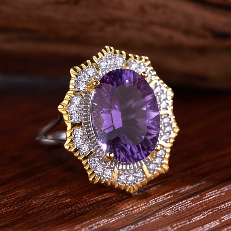 S925 pure silver ring inlaid with natural crystal gemstone ring