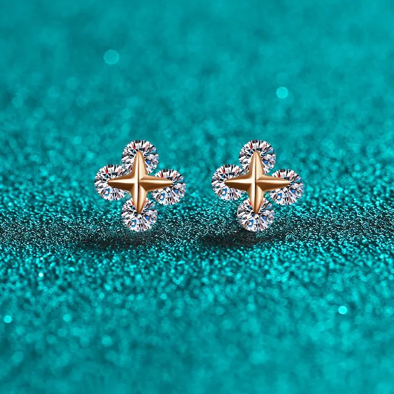 S925 Sterling Silver Moissanite Champagne Gold Stud Earrings for Women, Movable Star Style, Simple and Elegant Design