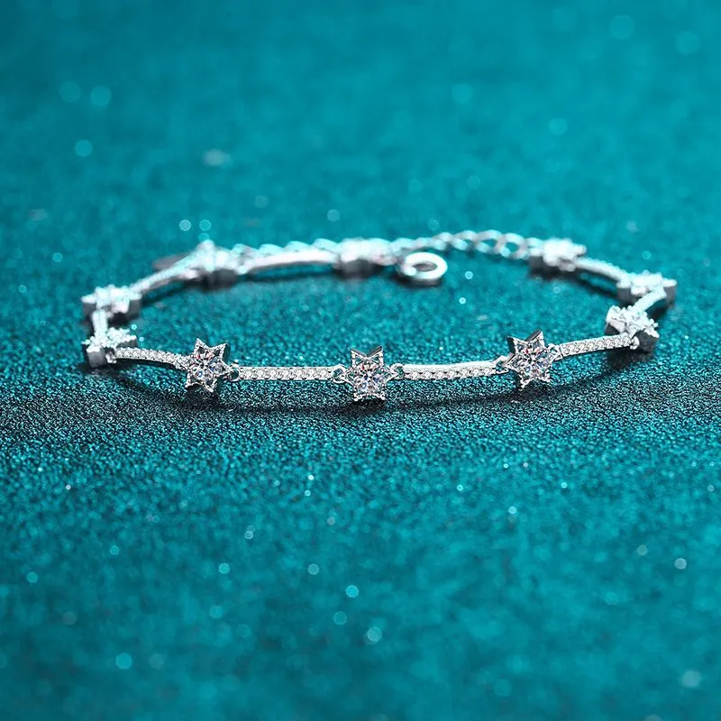 S925 Sterling Silver Women's Bracelet with Micro-set Ten Diamonds, Six-Pointed Star, and 1-Carat Moissanite