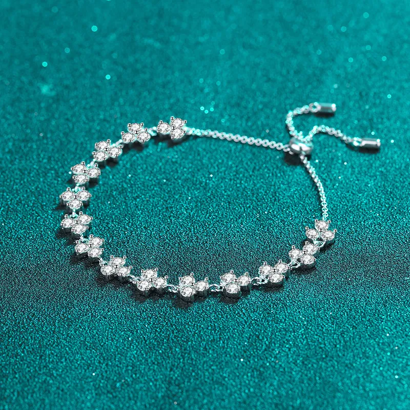 S925 Sterling Silver Bracelet for Women, Lucky Clover, Moissanite 4.2CT, Adjustable with Push-Pull Layout - Image 2