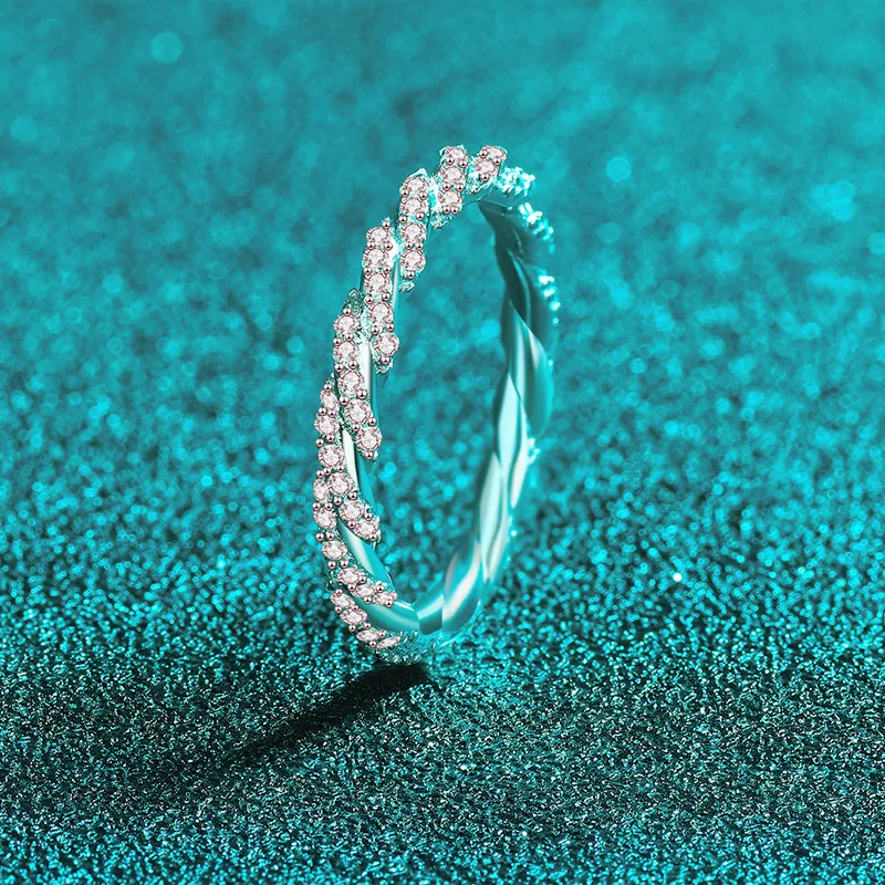 S925 Sterling Silver Moissanite Ring for Women, Exquisite Stackable Style, Diamond-set Small Braided Ring, Simple and Elegant - Image 2